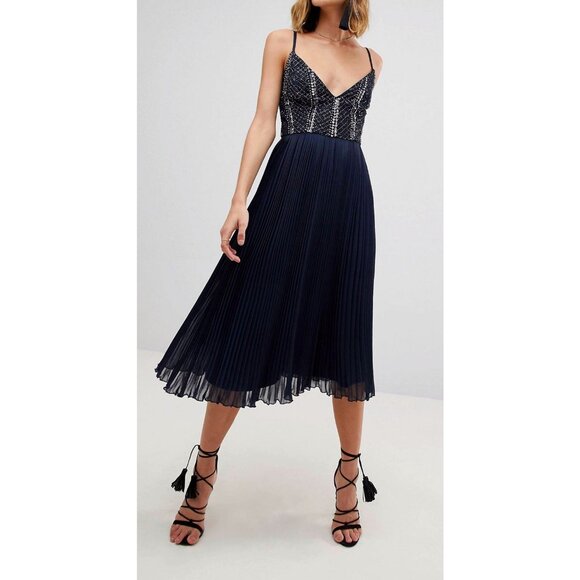 Lace & Beads Embellished Pleated Chiffon Cocktail Dress Midi Dress Blue Size S - Picture 1 of 11